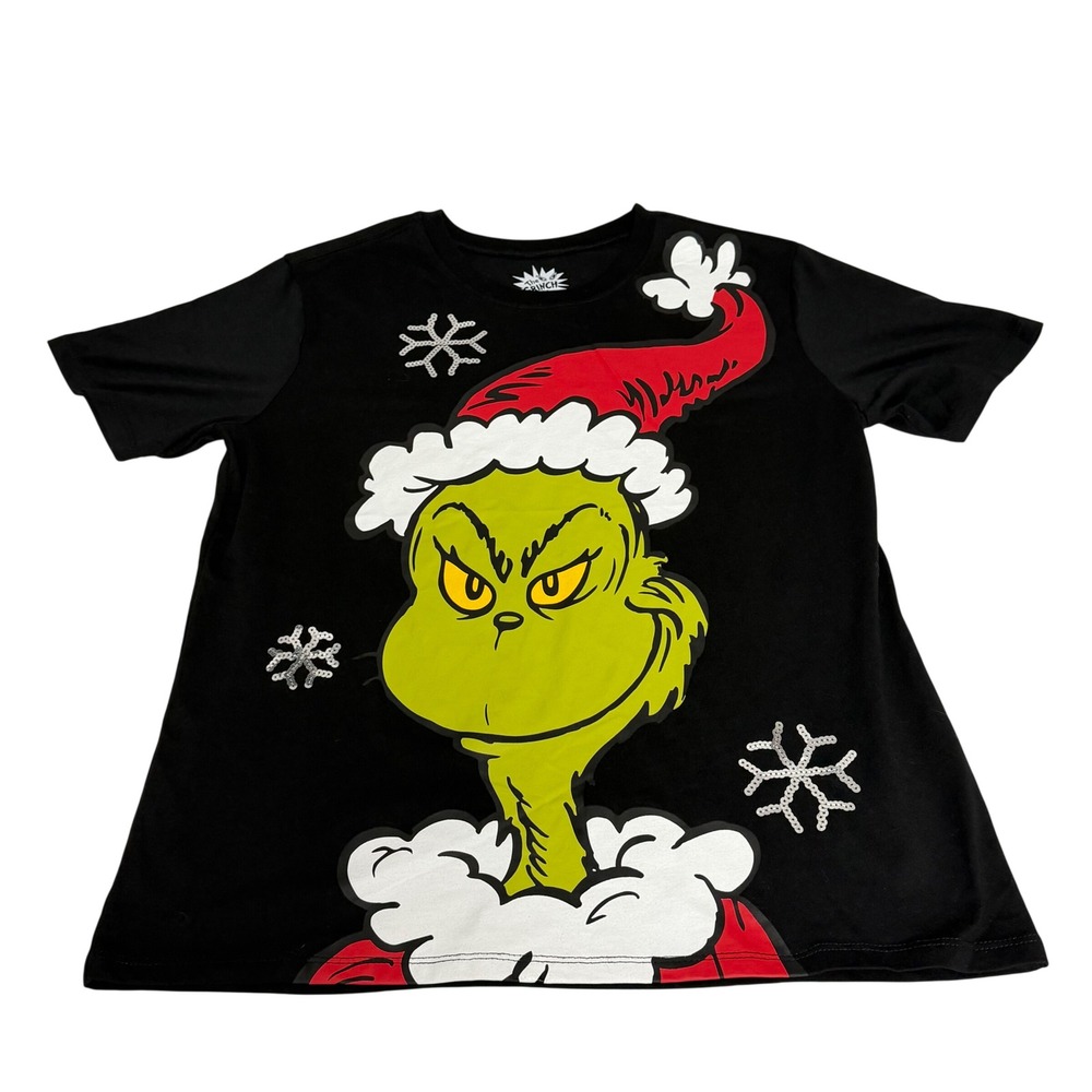 Dr Seuss The Grinch Christmas Graphic Tee Black Sequin Snowflake Womens Small